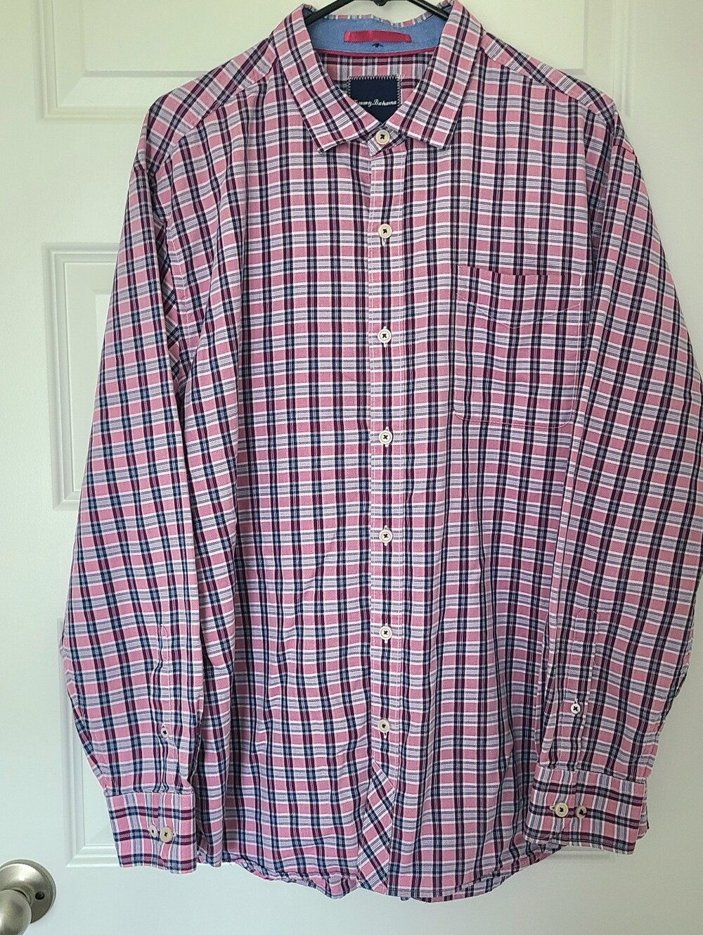 Tommy Bahama Shirt Mens XL Pink Long Sleeve Burgandy Plaid Button Up Cotton